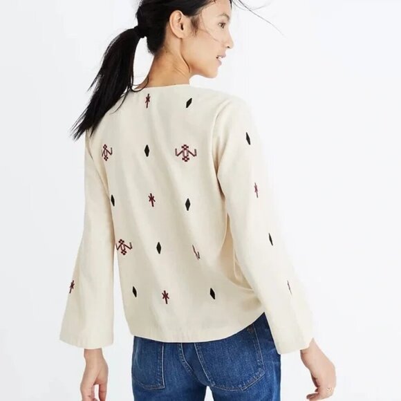 Madewell Embroidered Fringe Top Pom Pom Boho 100% Silk Cream - S - Picture 12 of 14